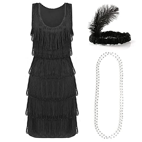 I LOVE FANCY DRESS LTD Vestido de aleta de lujo Negro - Small - Dames Deluxe Negro Flapper Disfraz con banda para lentejuelas a juego y collar de perlas plateadas - Vestido de fiesta de 1920 (34/36)
