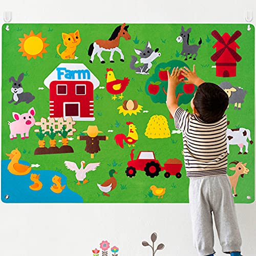 WATINC Felt Farm Story Board Set 3.5Ft 38Pcs Preescolar Animales domésticos Cuentacuentos Tablero de Franela Ganadería Juguetes educativos Regalo de cumpleaños para niños pequeños